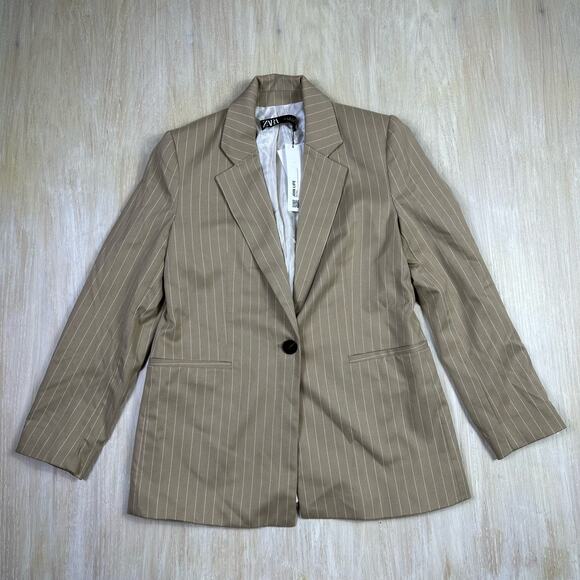 NWT Zara Beige Pin Stripe One Button Notch Lapel Trendy Chic Blazer Jacket Small - Picture 1 of 15